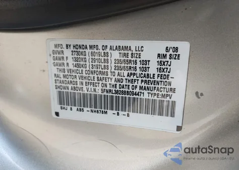 2008 Honda Odyssey Lx from USA, damaged, VIN 5FNRL38288B094471